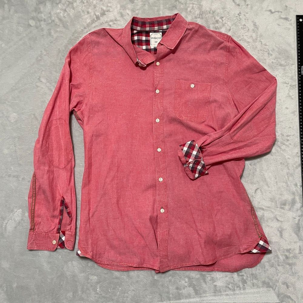 Nuco Shirt Mens Large Salmon Pink Button Up Pocket Plaid Contrast Cuff